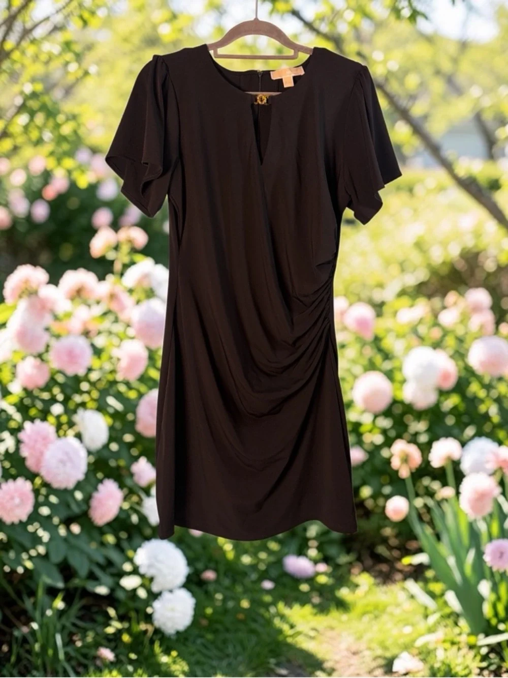 Michael Kors-Matte JerseyDress W/Gold hardware at collar, Black, Size L